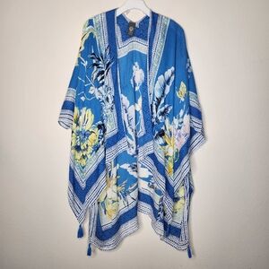 Vince Camuto OS Womens Blue White Boho Kimono Tasseled Sheer Beach